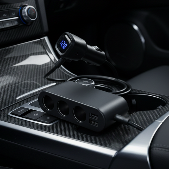 Car Cigarette Lighter Splitter with Voltmeter (3 Outlets + 2xUSB) 80W