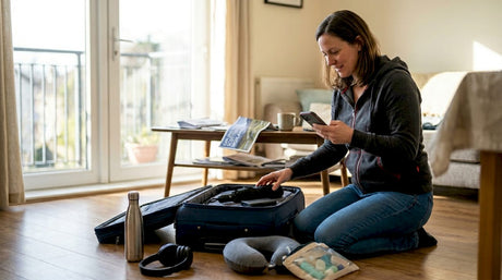 Traveller packing essential accessories at home