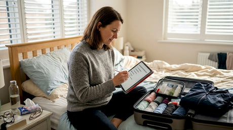 Woman reviewing packing checklist at home