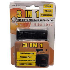 3-in-1 Car Clock with Voltmeter and Thermometer