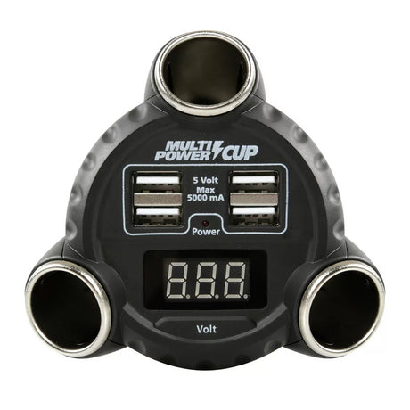 3-Socket Car Cigarette Lighter Splitter with Voltmeter & 4 USB Ports – Cup Holder Mount