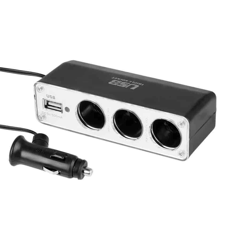 3-Socket Car Cigarette Lighter Splitter with USB Port
